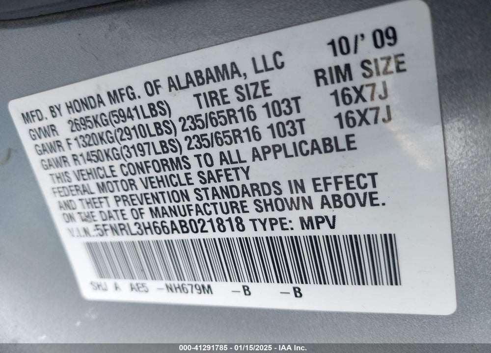 2010 HONDA ODYSSEY EX-L VIN: 5FNRL3H66AB021818