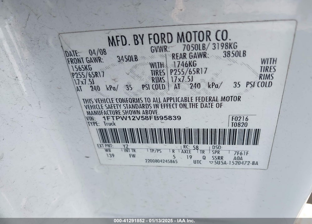 2008 FORD F-150 VIN: 1FTPW12V58FB95839