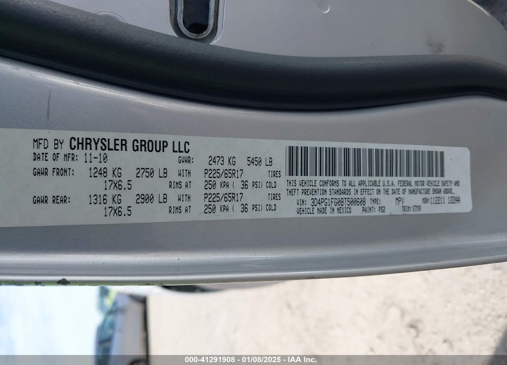 2011 DODGE JOURNEY MAINSTREET VIN: 3D4PG1FG0BT500608