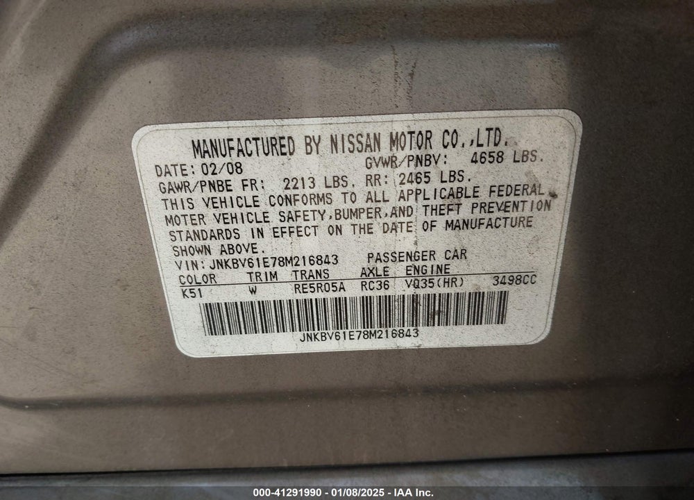 2008 INFINITI G35 VIN: JNKBV61E78M216843