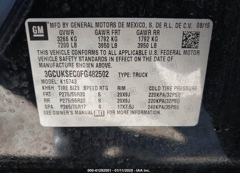 2015 CHEVROLET SILVERADO 1500 2LZ VIN: 3GCUKSEC0FG482502