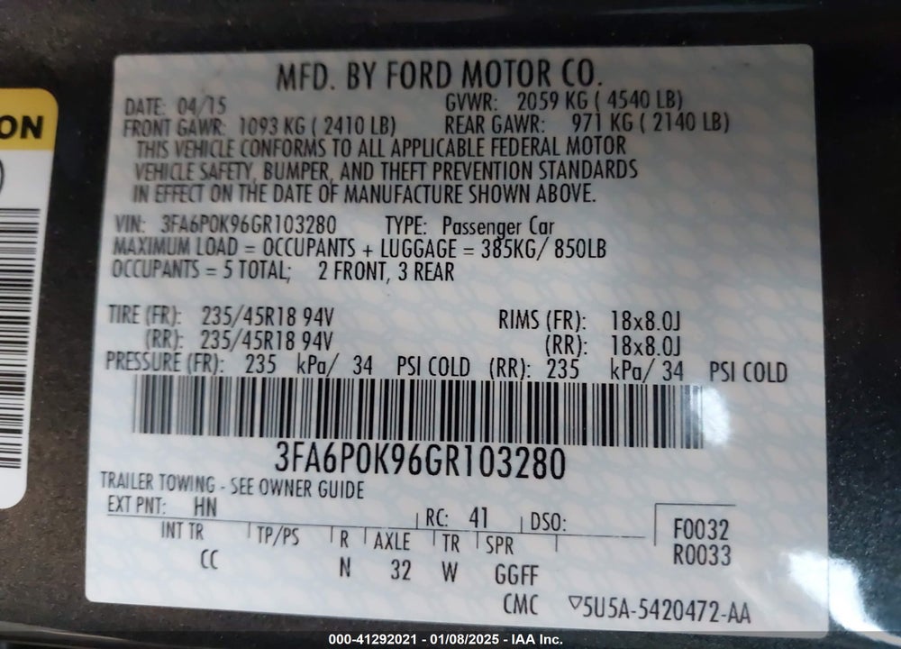 2016 FORD FUSION VIN: 3FA6P0K96GR103280