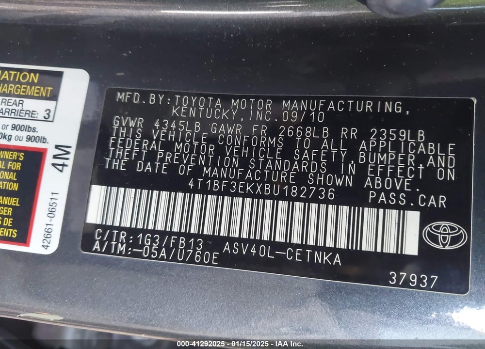 2011 TOYOTA CAMRY LE VIN: 4T1BF3EKXBU182736