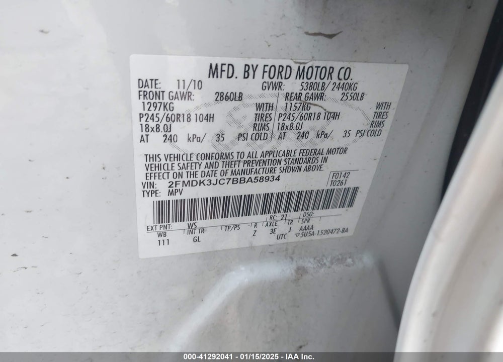 2011 FORD EDGE SEL VIN: 2FMDK3JC7BBA58934