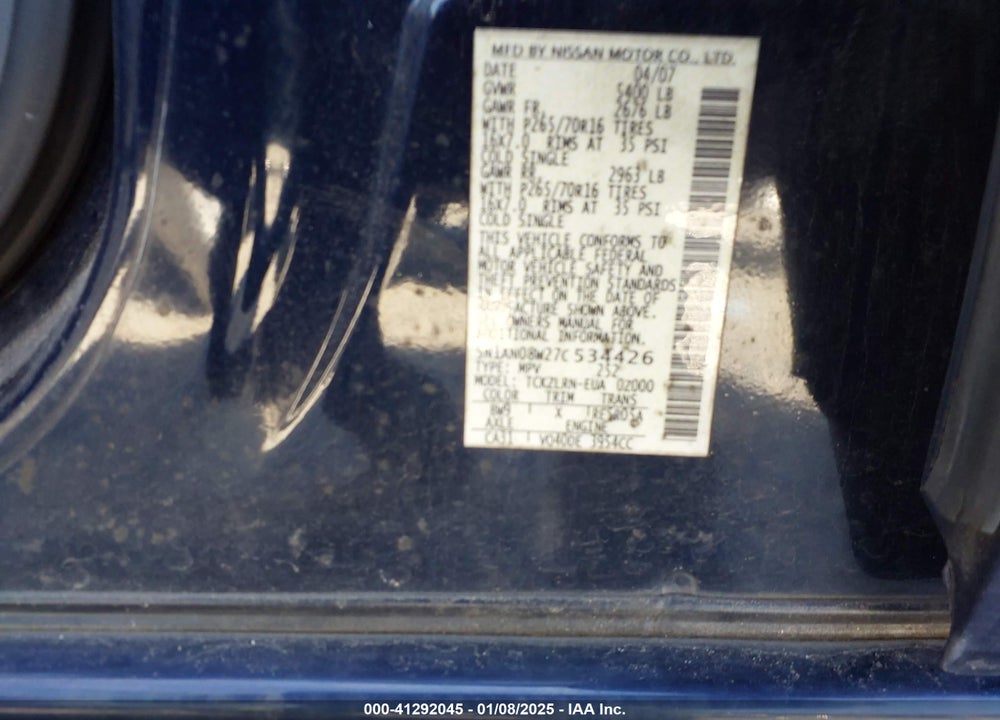 2007 NISSAN XTERRA S VIN: 5N1AN08W27C534426