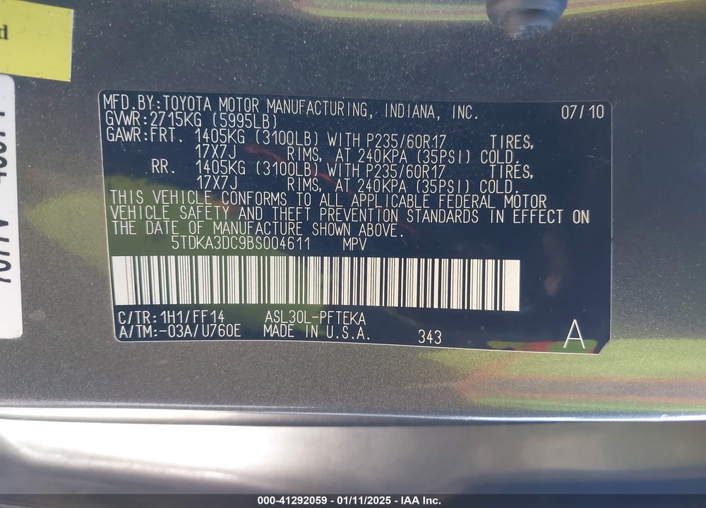 2011 TOYOTA SIENNA VIN: 5TDKA3DC9BS004611