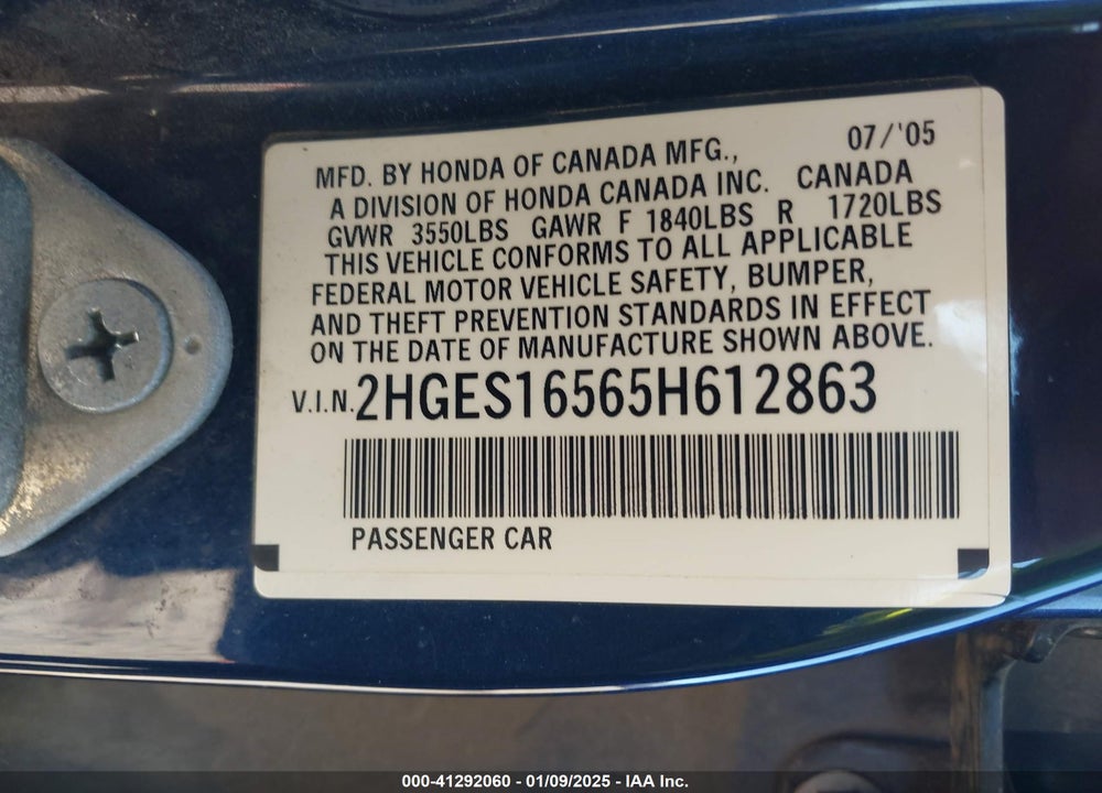 2005 HONDA CIVIC LX/LX SE VIN: 2HGES16565H612863