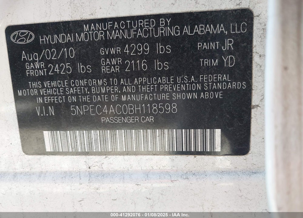 2011 HYUNDAI SONATA VIN: 5NPEC4AC0BH118598