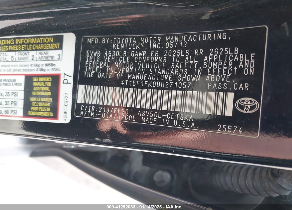 2013 TOYOTA CAMRY VIN: 4T1BF1FK0DU271057