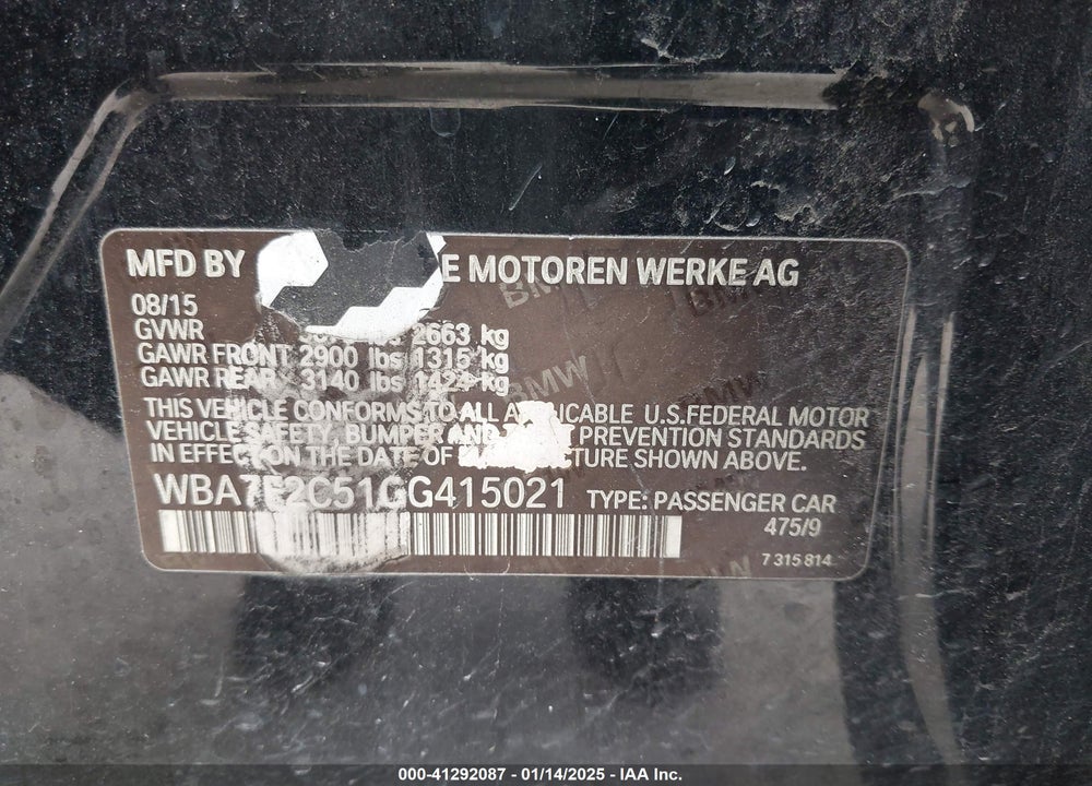 2016 BMW 750I VIN: WBA7F2C51GG415021