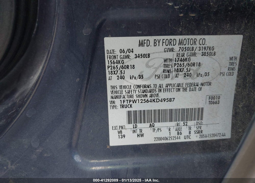 2004 FORD F-150 LARIAT/XLT VIN: 1FTPW12564KD49587
