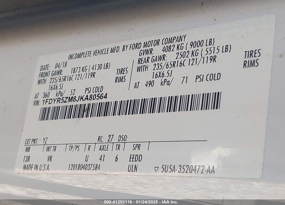 2018 FORD TRANSIT-250 CAB VIN: 1FDYR5ZM8JKA80564
