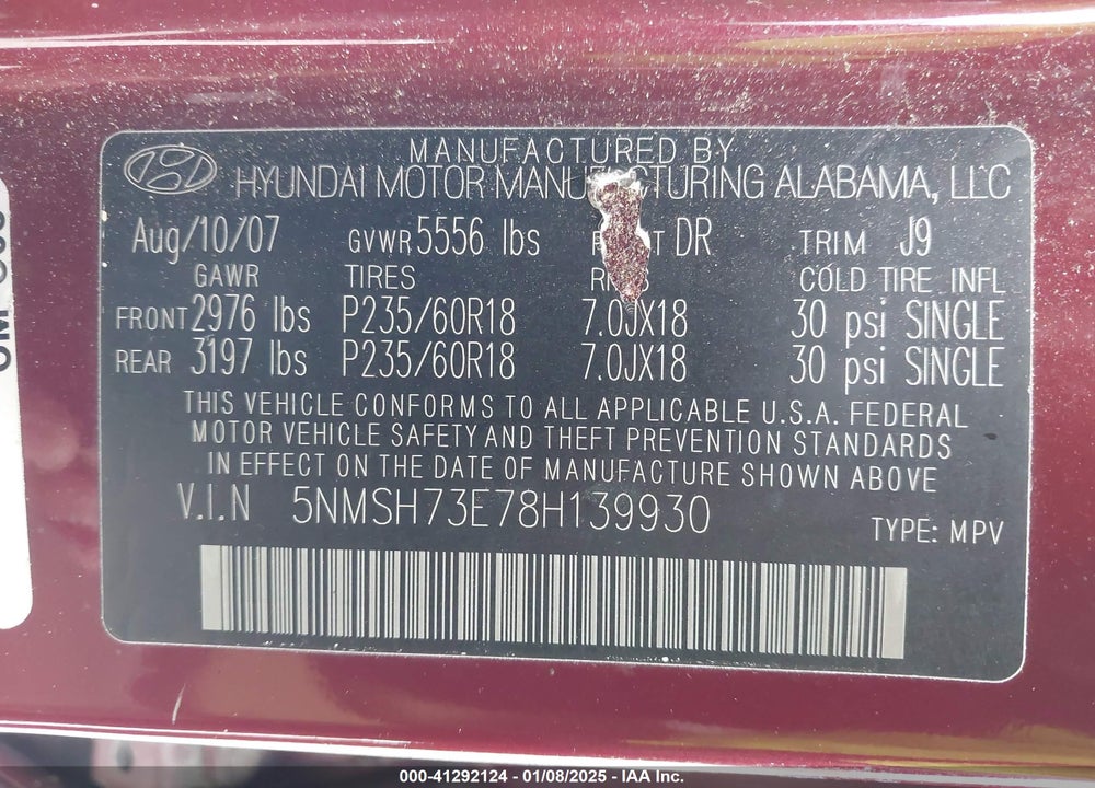 2008 HYUNDAI SANTA FE LIMITED/SE VIN: 5NMSH73E78H139930