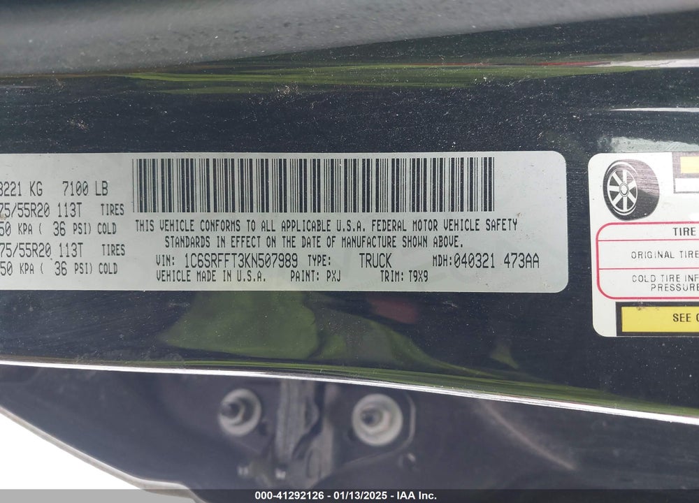 2019 RAM 1500 BIG HORN/LONE STAR 4X4 5'7 BOX VIN: 1C6SRFFT3KN507989