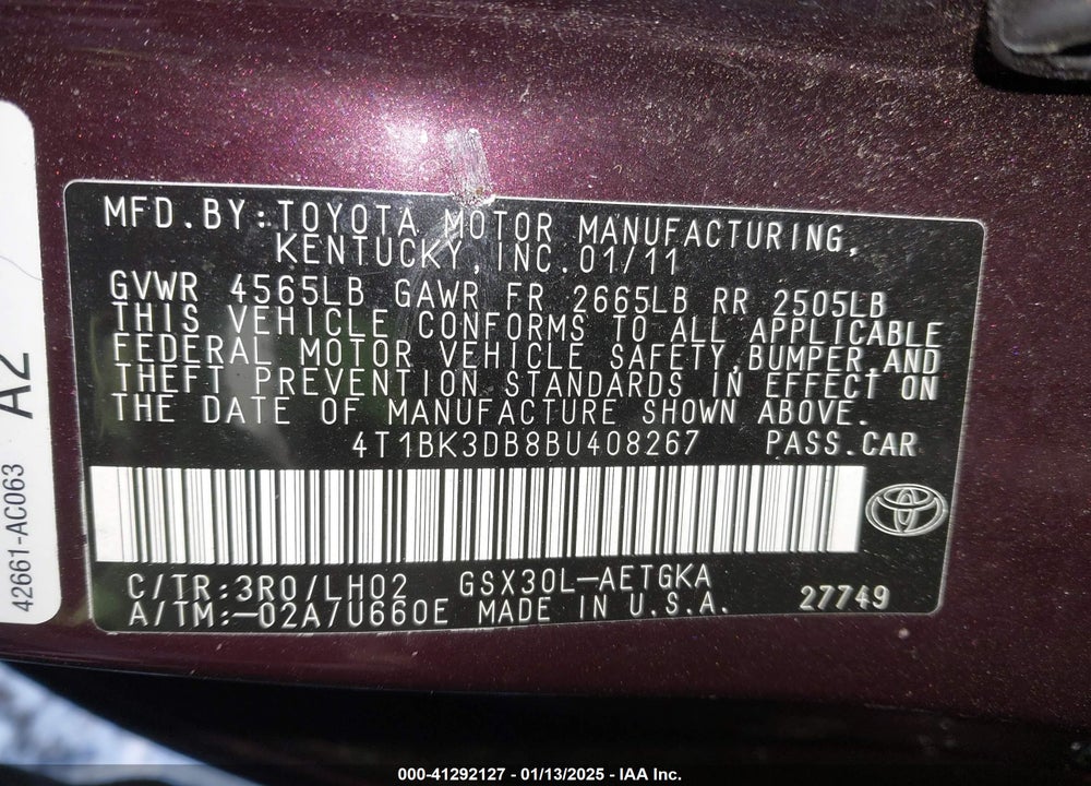 2011 TOYOTA AVALON VIN: 4T1BK3DB8BU408267