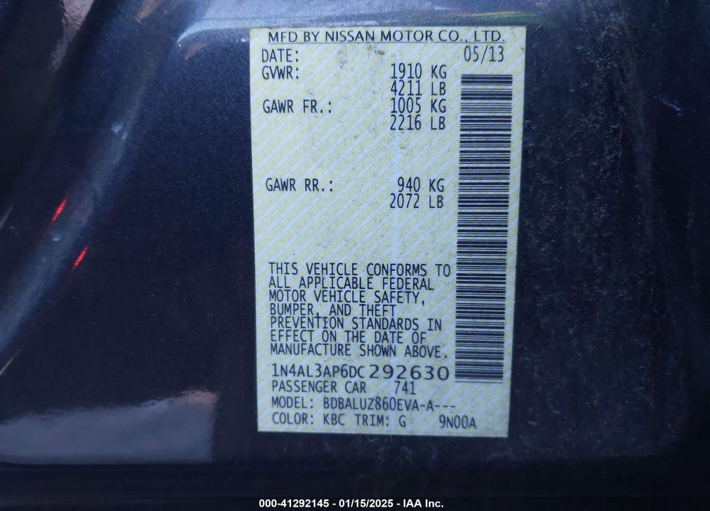 2013 NISSAN ALTIMA 2.5 SV VIN: 1N4AL3AP6DC292630