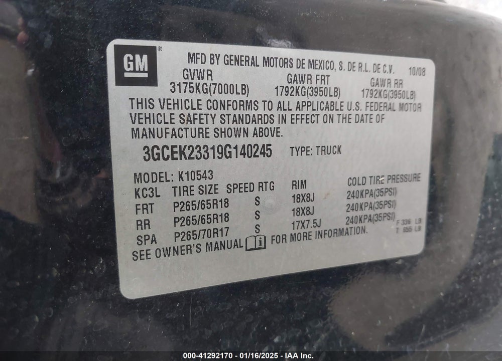2009 CHEVROLET SILVERADO 1500 LT VIN: 3GCEK23319G140245