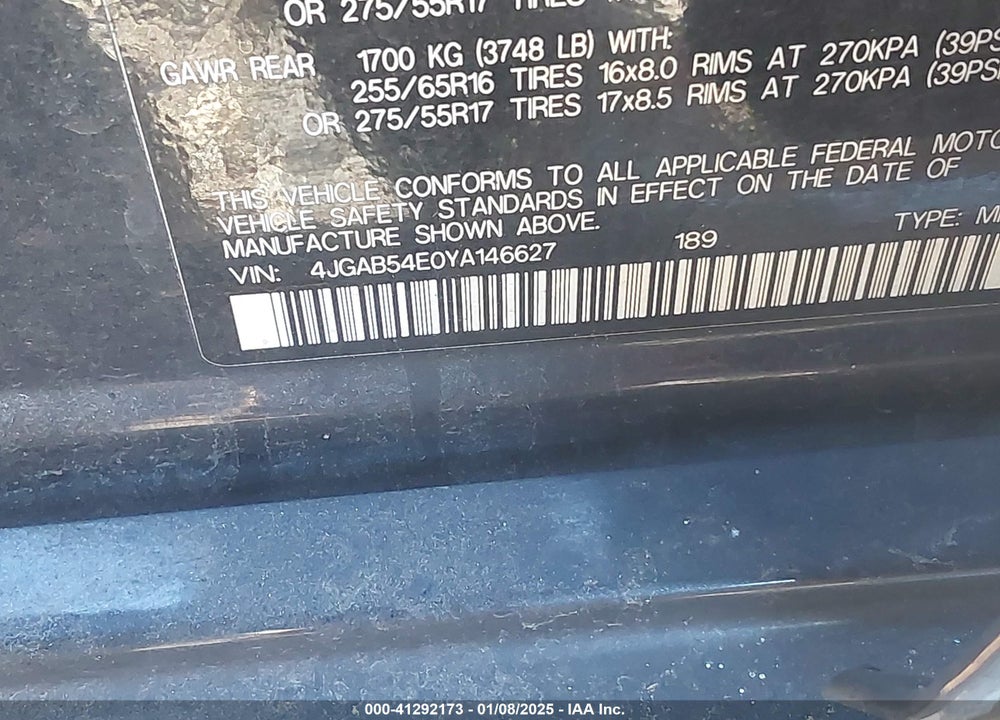 2000 MERCEDES-BENZ ML 320 VIN: 4JGAB54E0YA146627