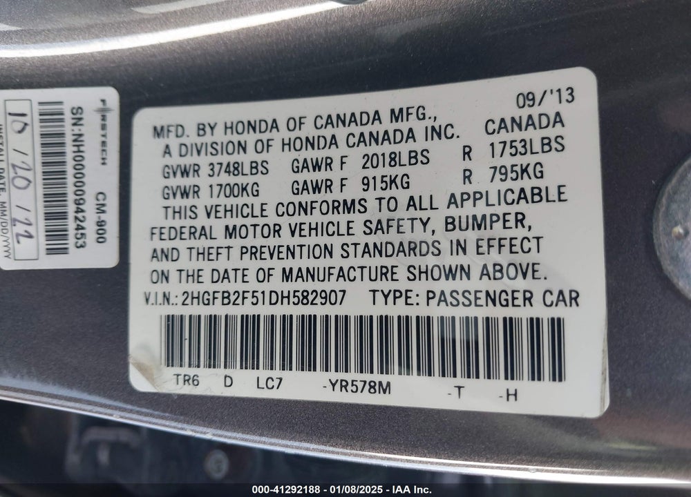 2013 HONDA CIVIC VIN: 2HGFB2F51DH582907