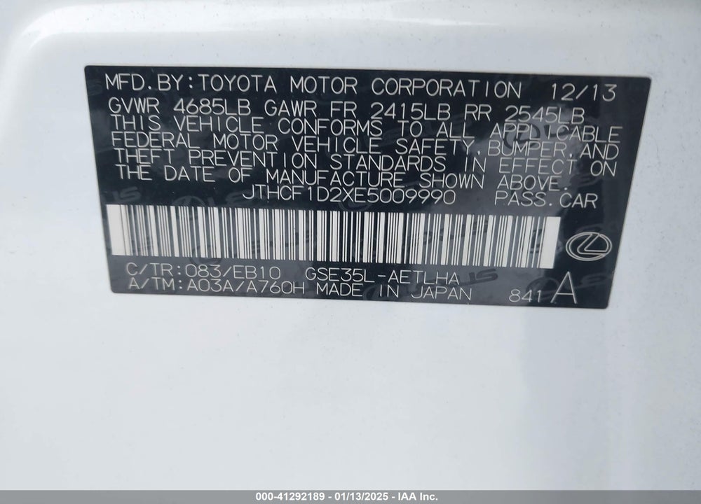 2014 LEXUS IS 250 VIN: JTHCF1D2XE5009990