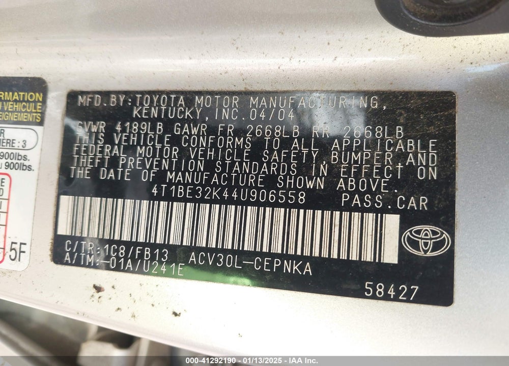 2004 TOYOTA CAMRY LE VIN: 4T1BE32K44U906558