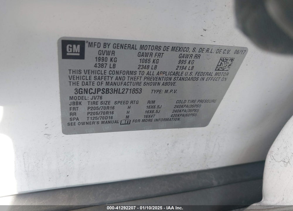 2017 CHEVROLET TRAX LT VIN: 3GNCJPSB3HL271853