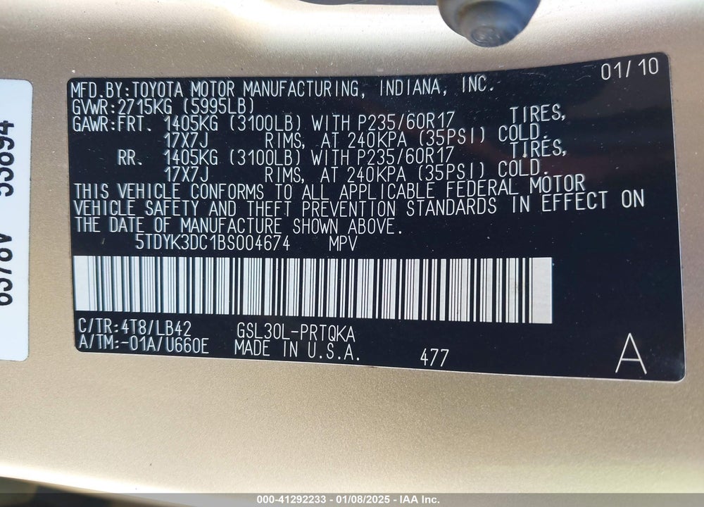 2011 TOYOTA SIENNA XLE V6 VIN: 5TDYK3DC1BS004674