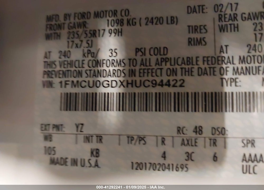 2017 FORD ESCAPE SE VIN: 1FMCU0GDXHUC94422