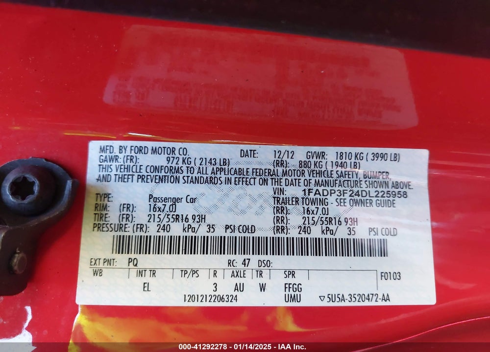 2013 FORD FOCUS VIN: 1FADP3F24DL225958