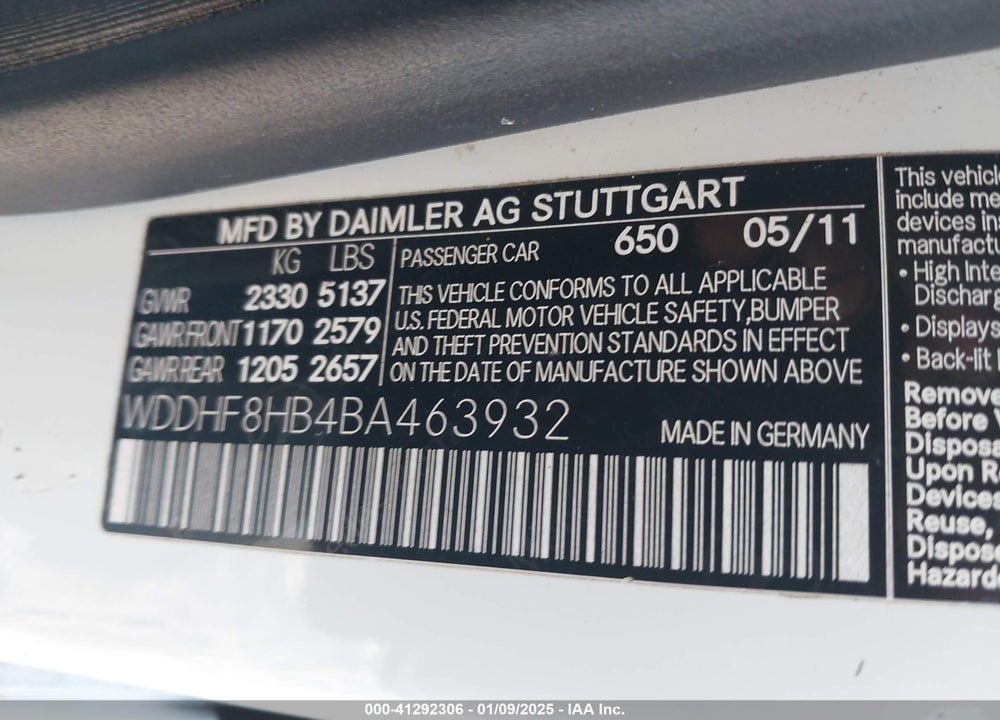 2011 MERCEDES-BENZ E 350 4MATIC VIN: WDDHF8HB4BA463932