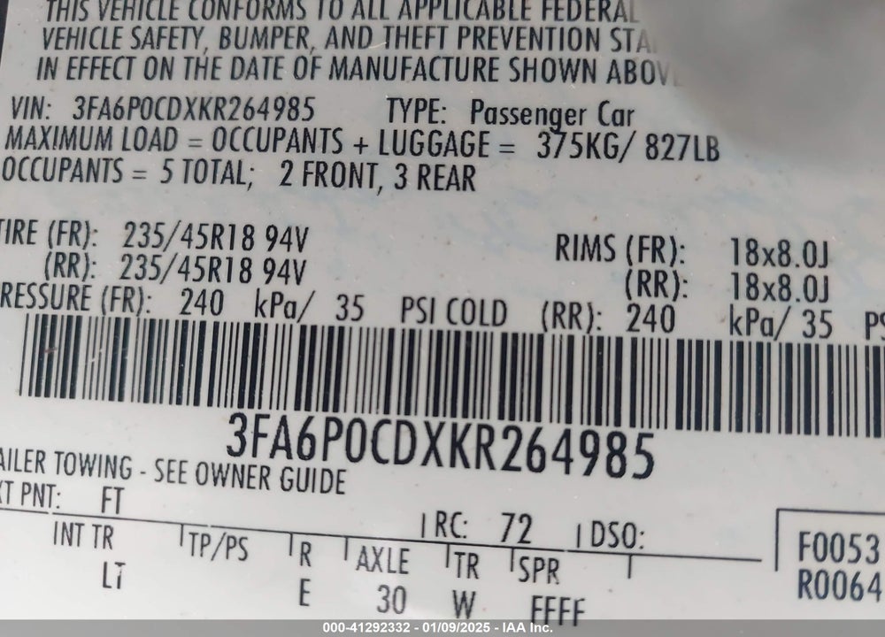 2019 FORD FUSION VIN: 3FA6P0CDXKR264985