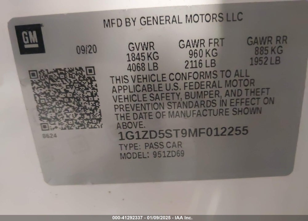 2021 CHEVROLET MALIBU FWD LT VIN: 1G1ZD5ST9MF012255