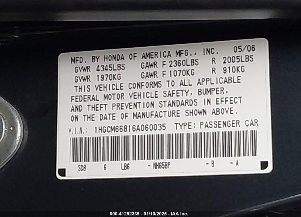 2006 HONDA ACCORD 3.0 EX VIN: 1HGCM66816A060035