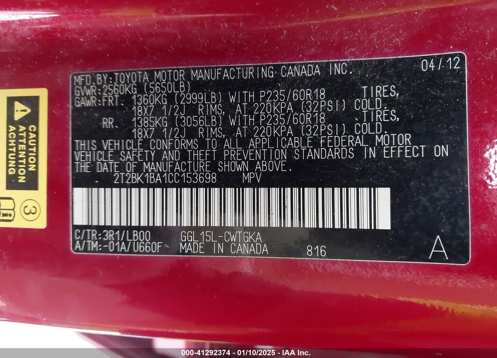 2012 LEXUS RX 350 VIN: 2T2BK1BA1CC153698