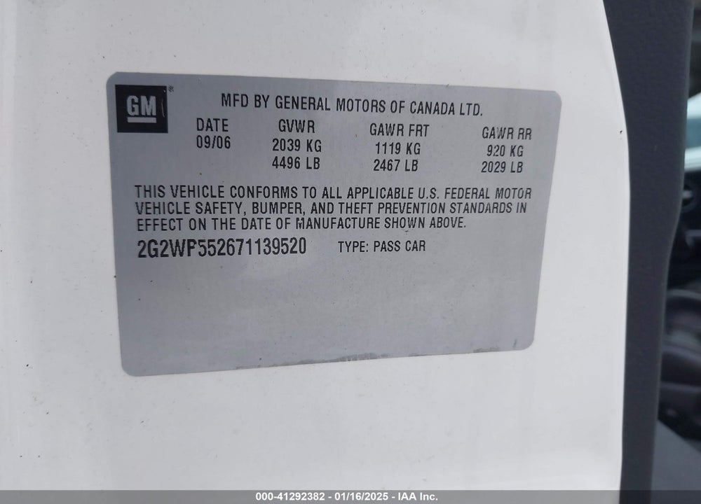 2007 PONTIAC GRAND PRIX VIN: 2G2WP552671139520