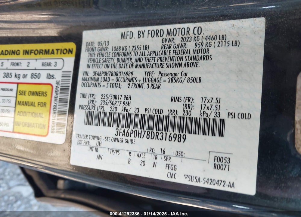 2013 FORD FUSION SE VIN: 3FA6P0H78DR316989