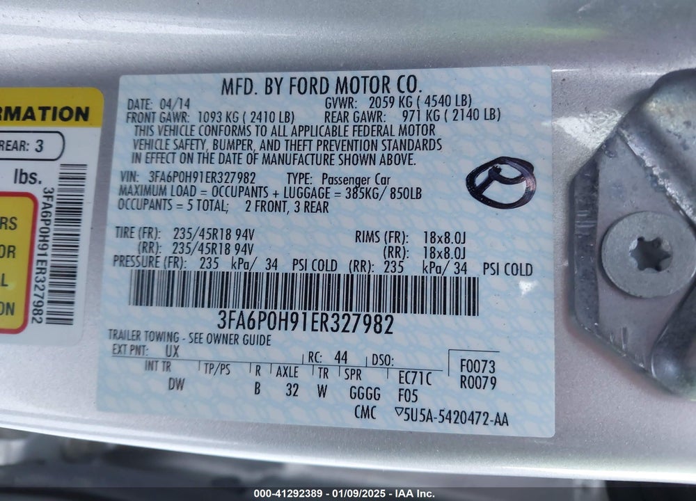 2014 FORD FUSION SE VIN: 3FA6P0H91ER327982