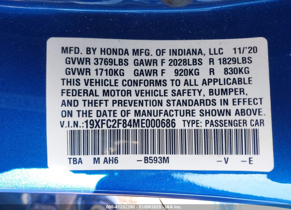 2021 HONDA CIVIC VIN: 19XFC2F84ME000686