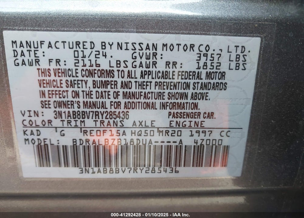 2024 NISSAN SENTRA S XTRONIC CVT VIN: 3N1AB8BV7RY285436