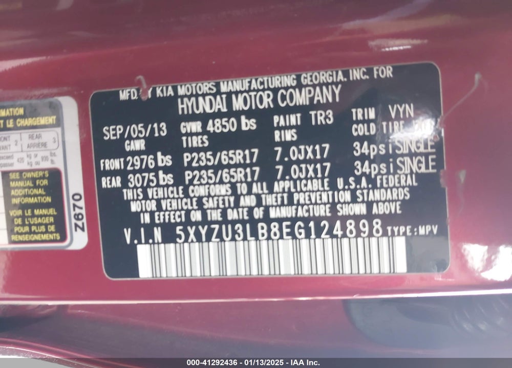 2014 HYUNDAI SANTA FE SPORT 2.4L VIN: 5XYZU3LB8EG124898