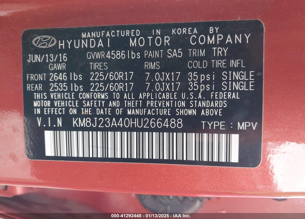 2017 HYUNDAI TUCSON SE VIN: KM8J23A40HU266488