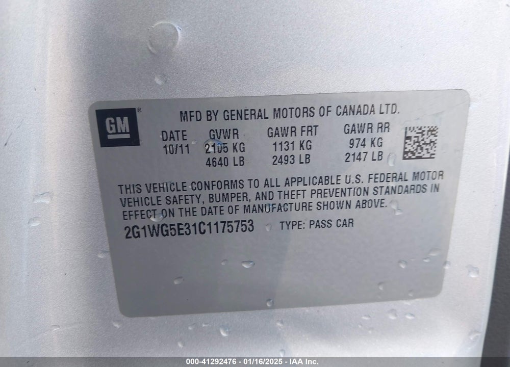 2012 CHEV IMPALA LT FLEET VIN: 2G1WG5E31C1175753
