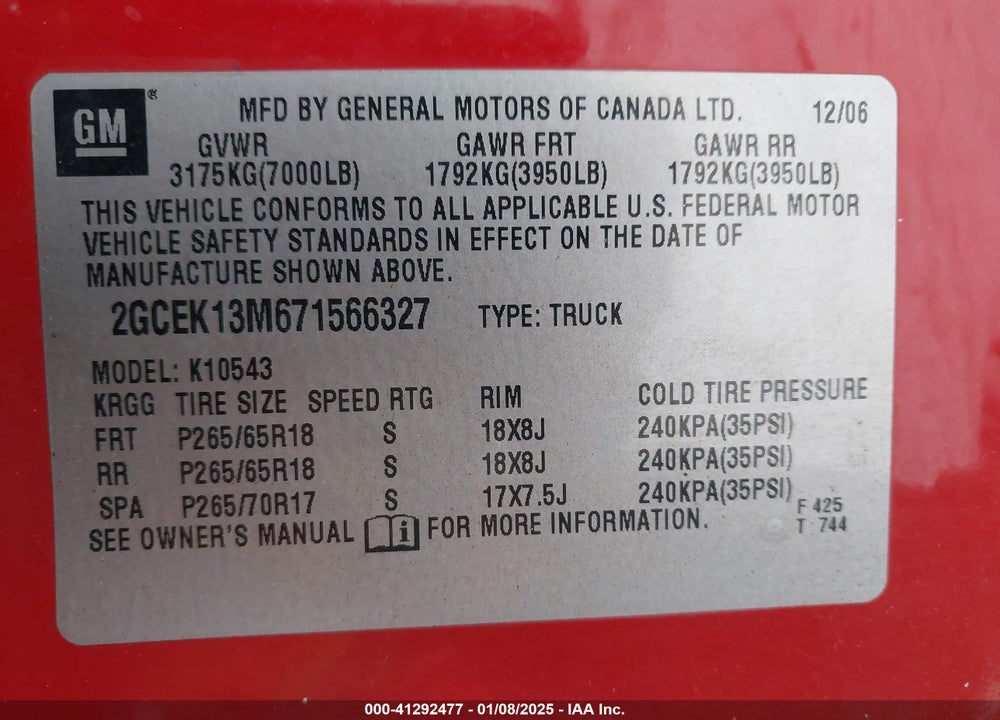 2007 CHEVROLET SILVERADO 1500 VIN: 2GCEK13M671566327