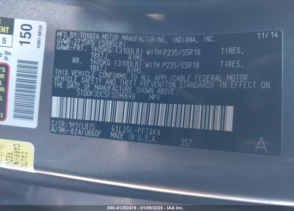 2015 TOYOTA SIENNA LIMITED PREMIUM 7 PASSENGER VIN: 5TDDK3DC5FS096649