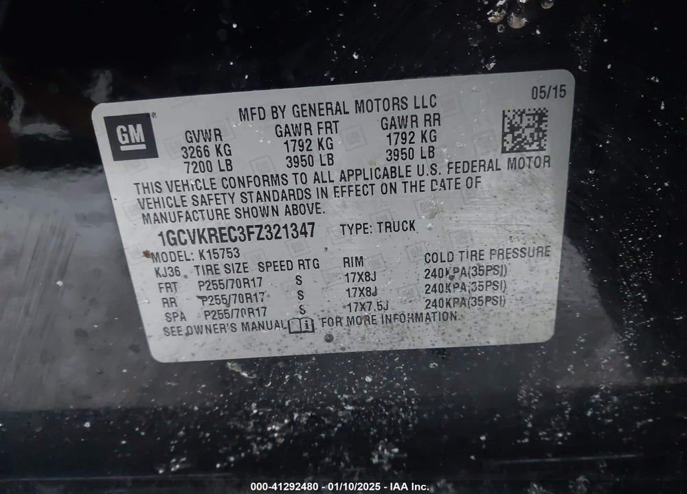2015 CHEVROLET SILVERADO 1500 VIN: 1GCVKREC3FZ321347