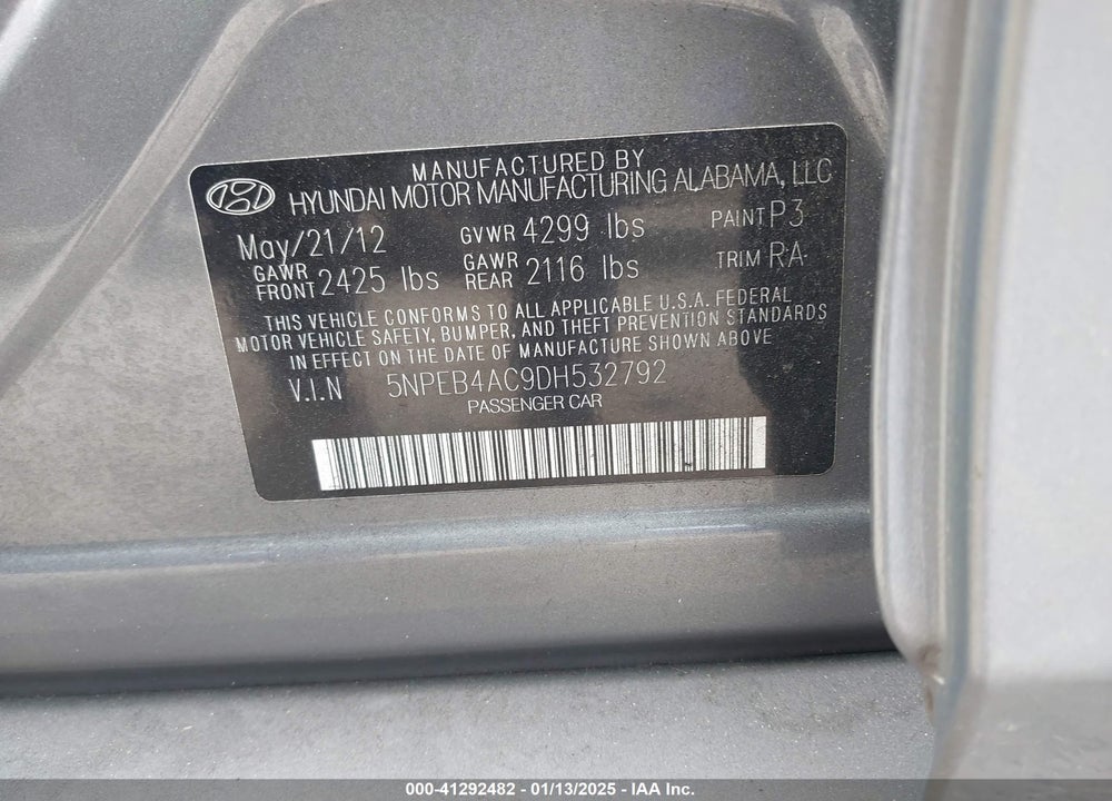 2013 HYUNDAI SONATA GLS VIN: 5NPEB4AC9DH532792