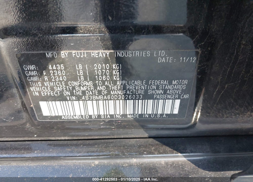 2013 SUBARU LEGACY VIN: 4S3BMBA60D3026033