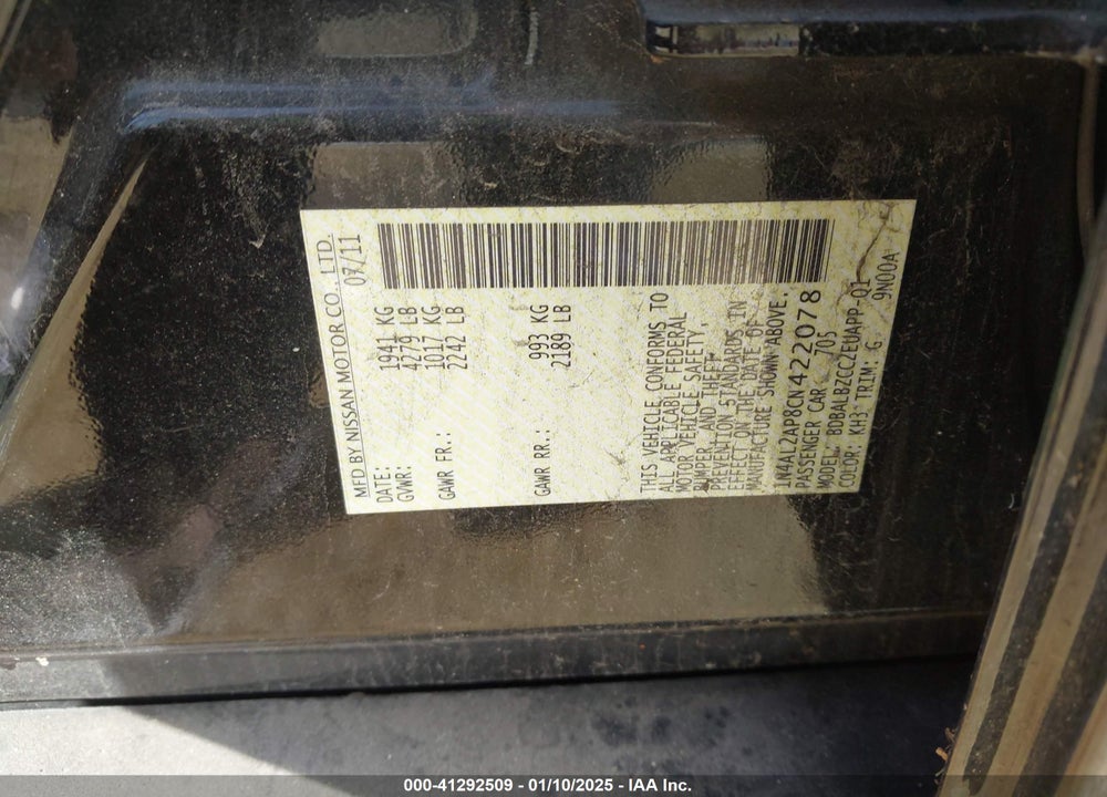2012 NISSAN ALTIMA VIN: 1N4AL2AP8CN422078