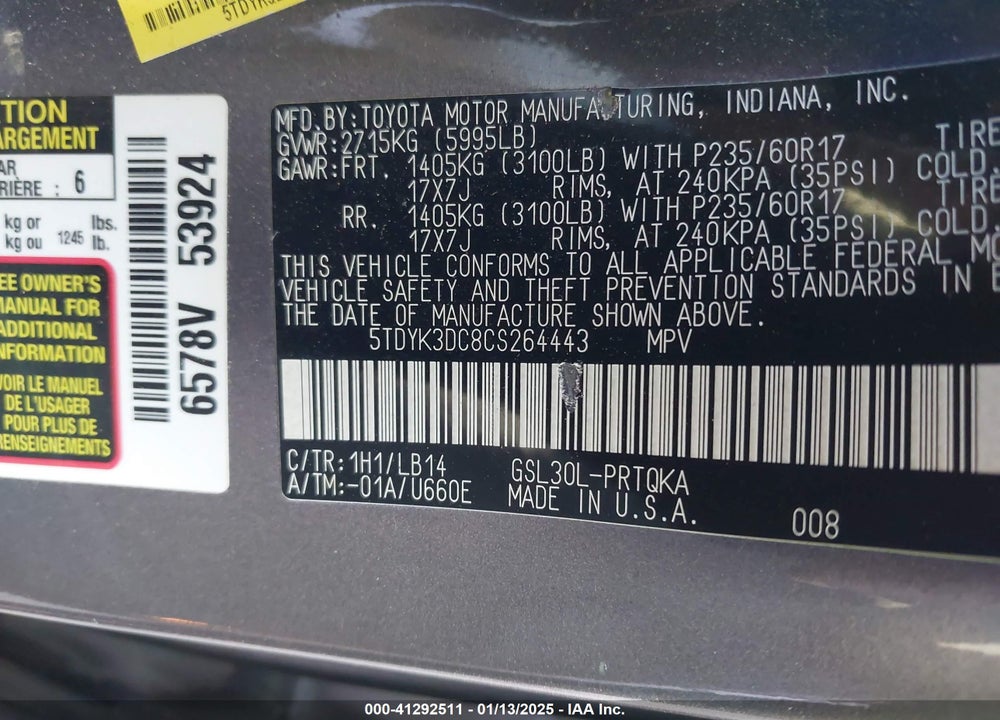 2012 TOYOTA SIENNA XLE LIMITED VIN: 5TDYK3DC8CS264443