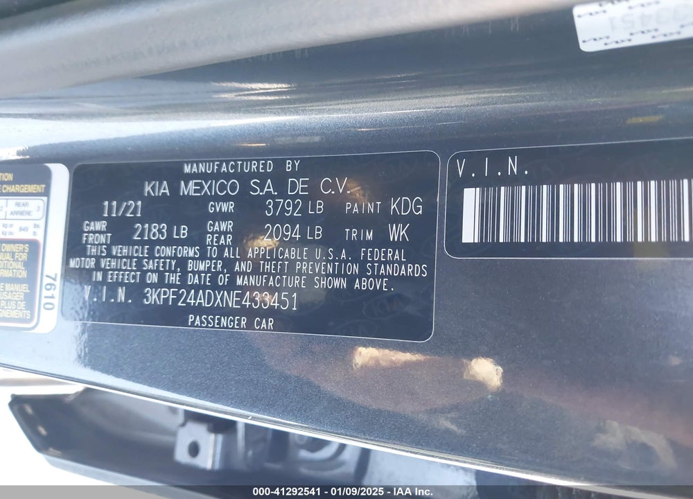 2022 KIA FORTE VIN: 3KPF24ADXNE433451